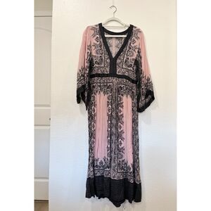 Vintage beaded pink black maxi dress kimono style v-neck boho